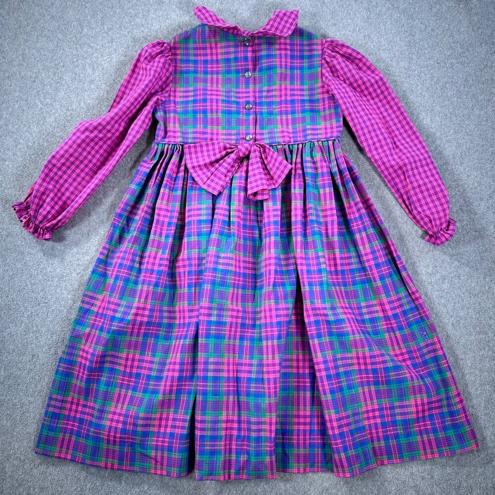 Rags From Richards Girls Size 7 Dress Pink Purple Plaid Peter Pan Collar Bow - Picture 6 of 7